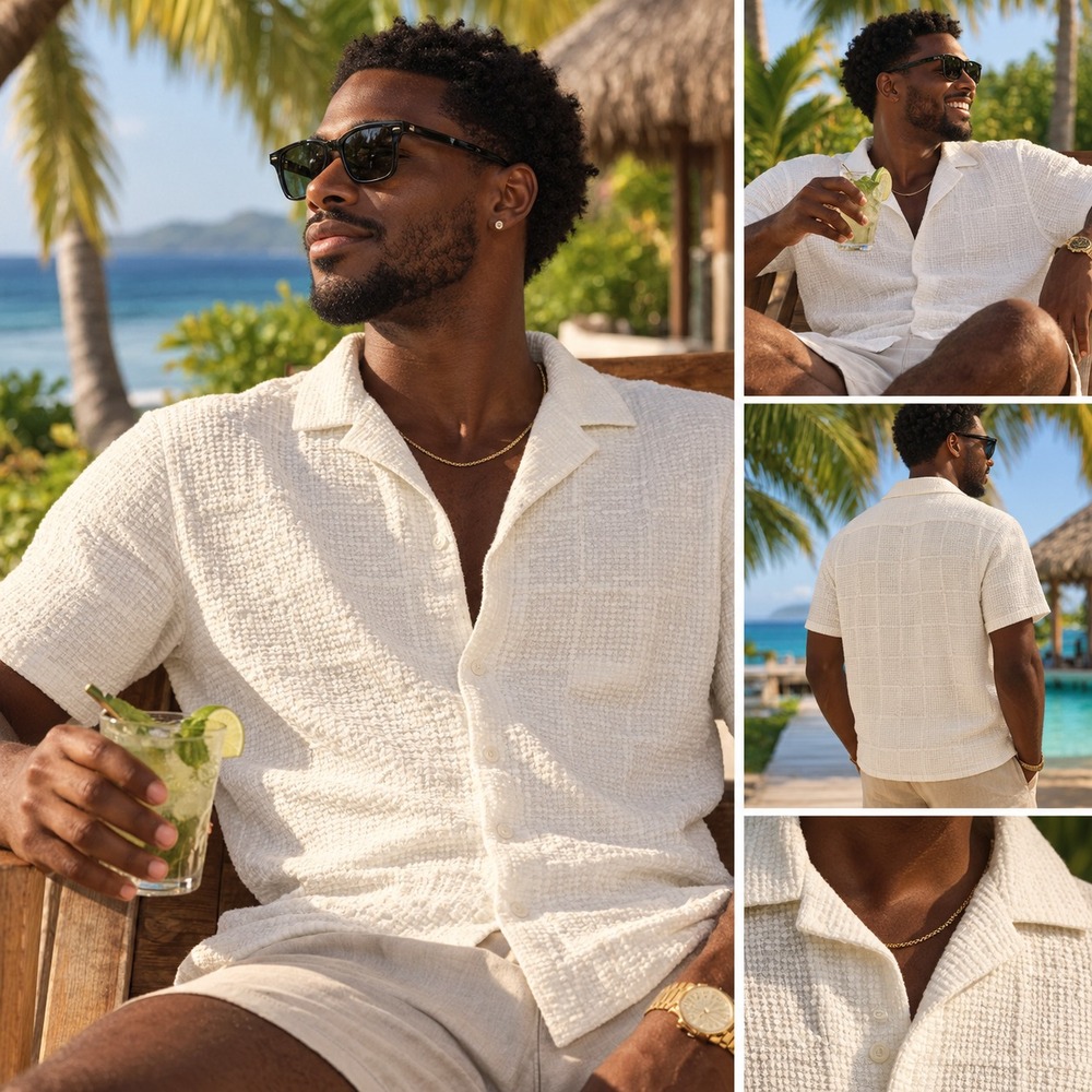 SAINTS Studio Men's White Cotton Blend Check Woven Short Sleeve Button-Up L